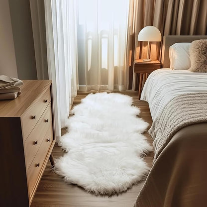 2x6 White Fluffy Rug for Bedside - Soft Fluffy Runner for Hallway - White Shaggy Carpet - Faux Sheepskin Solid Color 2x6 Oblong