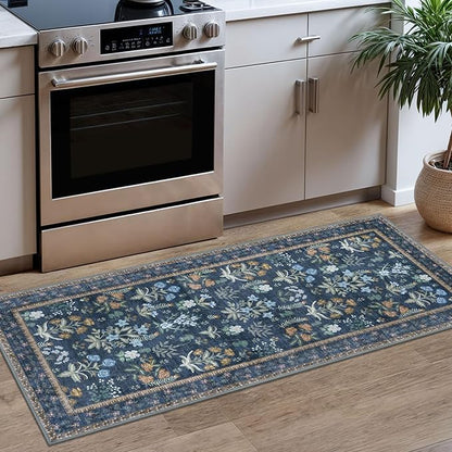 Boho 2x5 Runner, Navy Floral Washable Hallway Runner, Non-Slip Kitchen Runner, Super Thin Printed Faux Wool Soft Carpet for Entryway, Front Door, Backdoor, Bedside