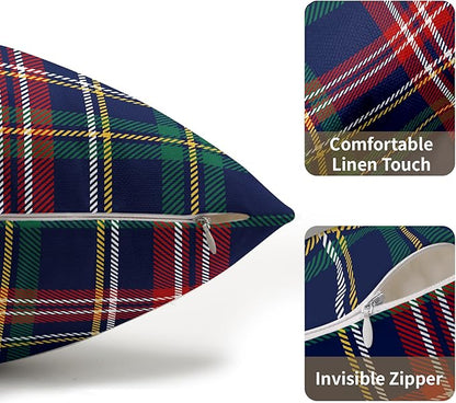 Christmas Tartan Lumbar Pillow Covers 12x20 Set of 2 Navy Blue Green Red Plaid Print Decorative Outdoor Xmas Throw Pillow Cases Winter Holiday Decoration Farmhouse Sofa Couch Cushion Cover Bed Decor