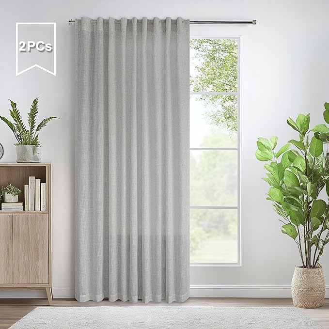 Pitalk Grey Linen Curtains 5 FT Wide by 84 Inch Length for Bedroom Semi Sheer Linen Large Drape Extra Wide Light Gray Curtains for Living Room Dining Hall 2 Panels Back Tab Pocket 5x7 5 x 7 Feet Long