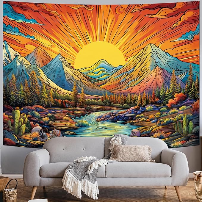 Serborlur Boho Sun Mountain Tapestry Trippy Forest Tree Tapestries Vintage Aesthetic Plant Magical River Wall Tapestry Nature Landscape Wall Hanging for Bedroom Living Room (59.1 × 78.7 inches)