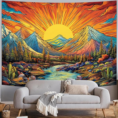 Serborlur Boho Sun Mountain Tapestry Trippy Forest Tree Tapestry Vintage Aesthetic Magic River Tapestries Nature Landscape Wall Hanging for Bedroom Home Decor (51.2"×59.1")