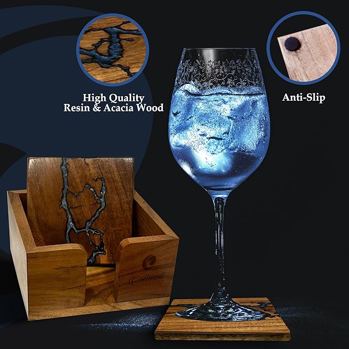 | Beautiful Epoxy Resin and Wood Coaster Set | Ideal for Tabletop Protection | Enhance Your Coffee Table Decor | (Fractal Burning Blue)