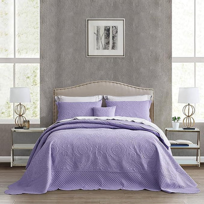 HZ & HY Oversized King Bedspread 138x122 Extra Wide, Ultrasonic Coverlet Bedding Set, Lightweight Thin Comforter, Reversible, 5 Piece, California/Alaskan King, Purple Lavender