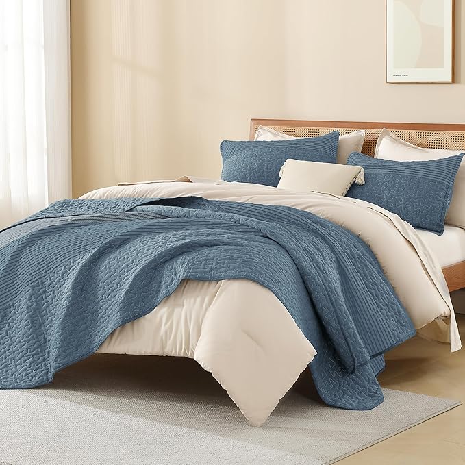 Litanika California King Quilt Set Blue Linen - Cal King Oversized Stripe Comforter Bedspreads & Coverlets - Soft Lightweight Quilted Bedding Set for All Season(1 Quilt, 2 Pillowcases)