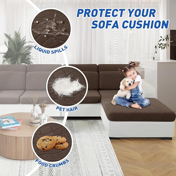 MAXIJIN Waterproof 4 Pieces Couch Cushion Covers for Sectional Sofa Seat Slipcover Stretch Sectional Couch Cover for L Shape Left/Right Chaise with Elastic Bottom (3 Seater + 1 Chaise, Light Coffee)