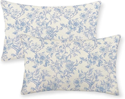 Baby Blue Pillow Covers 12x20 Inch Set of 2 Blue and Cream Floral Chinoiserie Throw Pillows Vintage Rustic Toile Flower Decorative Pillowcase Outdoor Lumbar Cushion Case for Couch Sofa Decor