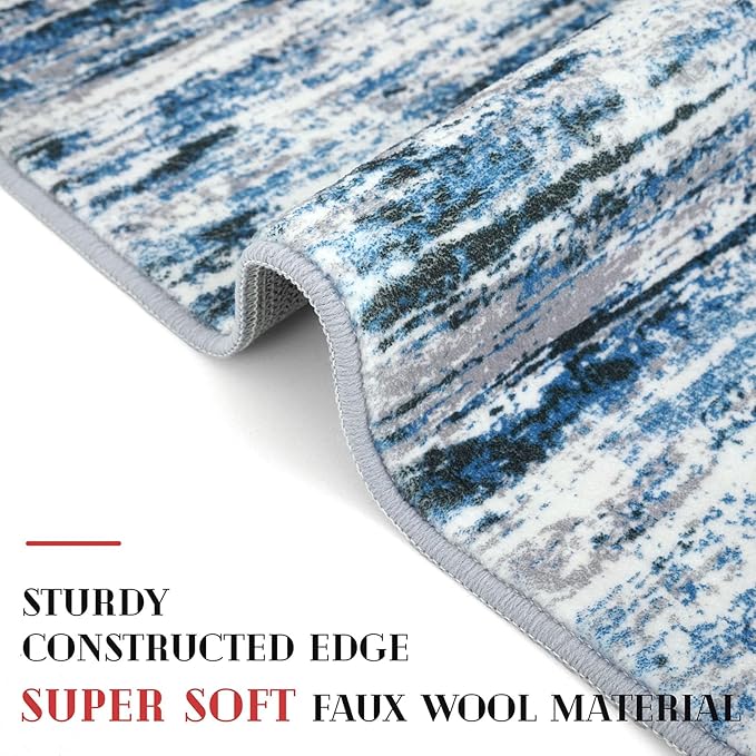 Modern Abstract Runner Rug 3x10, Grey Blue White Washable Kitchen Runner Non-Slip Soft Hallway Rug Runner Thin Print Faux Wool Carpet for Entryway Bedroom Laundry Room Indoor Home Office Decor