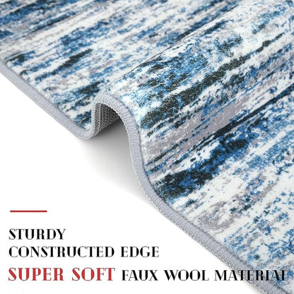 Modern Abstract Runner Rug 3x10, Grey Blue White Washable Kitchen Runner Non-Slip Soft Hallway Rug Runner Thin Print Faux Wool Carpet for Entryway Bedroom Laundry Room Indoor Home Office Decor