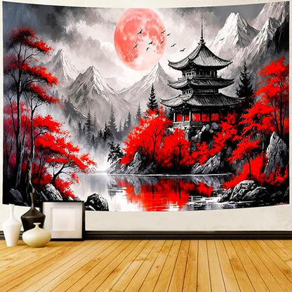 Delur Japanese Forest Tapestry Anime Red and Black Mountain Vintage Moon Nature Tapestry Wall Hanging Tree Sunset Landscape Cherry Blossom Headboard for Bedroom Living Room Home Decor (51.2" x 59.1")