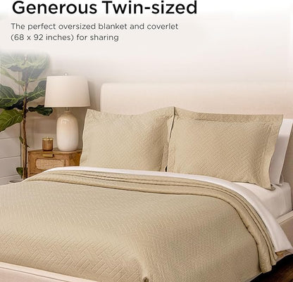 Threadmill Luxury Cotton Blankets for Twin Size Bed | All-Season 100% Cotton Twin Blanket for Bed | Criss Cross Jacquard Lightweight, Soft & Cozy Coverlet, 350GSM, 68 x 90 inches | Beige