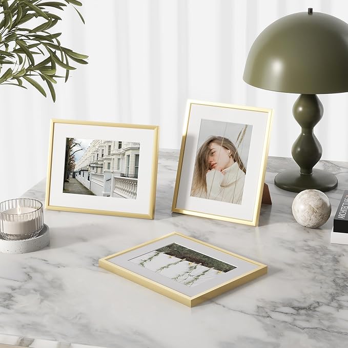 11x14 inch Metal Picture Frame - 11 x 14 Thin Aluminum Photo Frames with 8x10 Removable Mat - High Definition Plexiglass - Vertical and Horizontal Display - Wall Hook Hanging Hardware Included - Gold, Set of 4