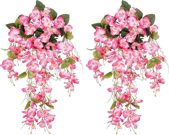 Fake Hibiscus Artificial Hanging Flowers Plants for Outdoors Spring Decoration, 2pcs Silk Hibiscus Vines Realistic UV Resistant Pink Faux Flowers for Outside Planter Porch Patio Yard Wedding Party Urn