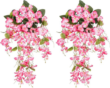 Fake Hibiscus Artificial Hanging Flowers Plants for Outdoors Spring Decoration, 2pcs Silk Hibiscus Vines Realistic UV Resistant Pink Faux Flowers for Outside Planter Porch Patio Yard Wedding Party Urn