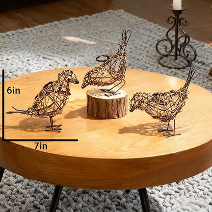 3PCS Bird Statue Farmhouse Decor Set - Christmas Ornament - Handwoven Natural Rattan Bird Figurines Table Decor, Multi-Pose Shelf & Mantel Accents