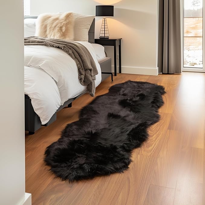 Super Area Rugs Ultra Soft & Fluffy Faux Sheepskin Rug, Black 2 x 6 Feet Sheepskin Carpet for Bedroom Living Room