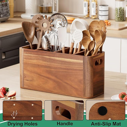 ZUJJAFY Utensil Holder, Extra Large Kitchen Utensil Holder for Counter with 4 Compartments, Wooden Kitchen Utensils Organizer for Countertop Cooking Spatula Storage, Acacia Wood