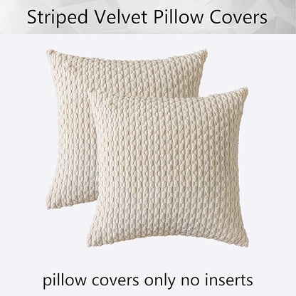 Kevin Textile Pillow Covers Decorative Set of 2 Striped Corduroy Plush Velvet Pillowcases Boho Cushion Cover for Couch 18x18 Inch Cream
