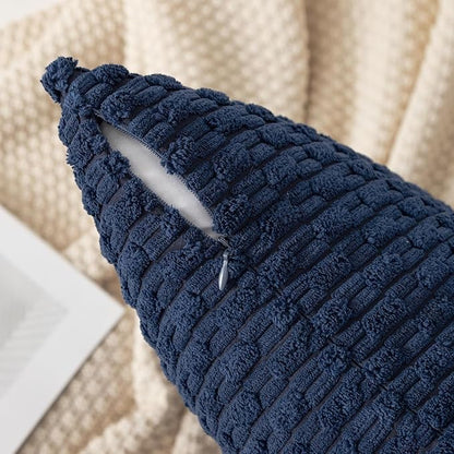 Kevin Textile 20x54 Inch Long Body Lumbar 1 Pack Boho Decorative Throw Pillow Cover Soft Striped Corduroy Rectangle Cushion Case Farmhouse Accent for Living Room Couch Sofa Bed, Navy Blue