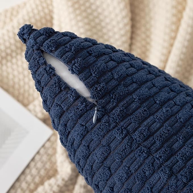 Kevin Textile 14x36 Inch Long Lumbar 1 Pack Boho Decorative Throw Pillow Cover Soft Striped Corduroy Rectangle Cushion Case Farmhouse Solid Color Accent for Living Room Couch Sofa Bed, Navy Blue
