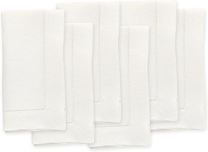 Solino Home Ivory Linen Napkins Set of 6-100% Pure Linen Hemstitch Dinner Napkins 20 x 20 Inch for Holiday, New Year - Classic Hemstitch