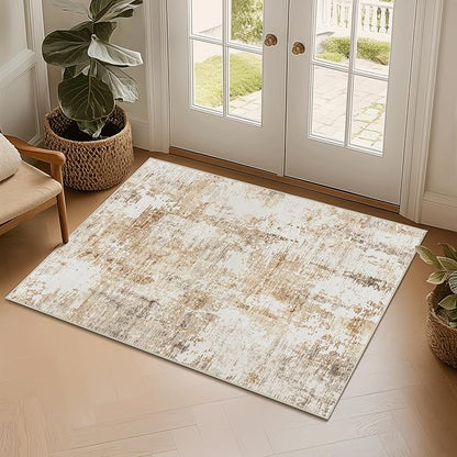 FMFUNCTEX Entryway Rug 2x3 Washable Brown Grey Modern Abstract Door Mat Non Slip Low Pile Indoor Carpet Soft Small Entrance Throw Rugs for Entrance Entry Bedroom Kitchen Bathroom Laundry, Grey Gold