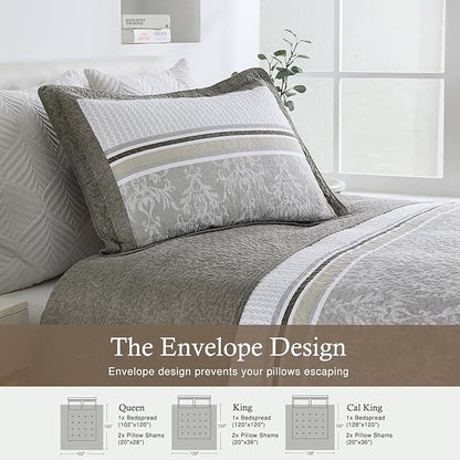 Bed Spread Queen Sized 102"x120" - 100% Cotton Lightweight Farmhouse Oversized Queen Quilt with 2 Pillowshams, Modern Printed Striped Quilted Bedding Coverlet Set for All Season, Brown