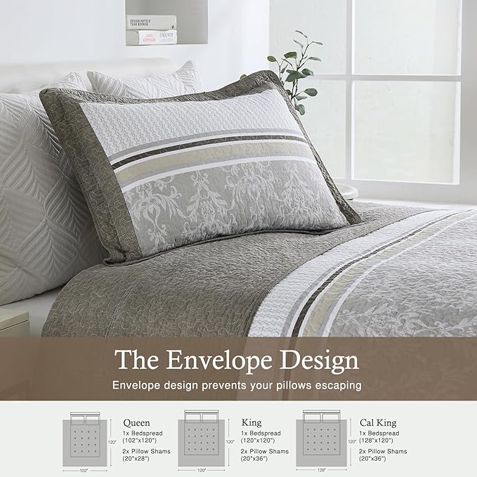 Oversized King Bedspreads 128"x120" - 100% Cotton Lightweight California King Quilt with 2 Pillowshams, Modern Striped Extra Wide Quilted Bedspread Coverlet for All Season, Brown