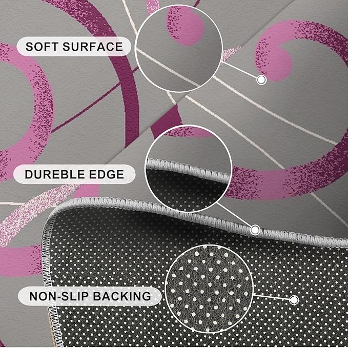 Superior Stylish Purple Circles Geometry Area Rug, Modern Abstract Grey Swirls Print Large Rugs, Machine Washable Breathable Durable Carpet for Room Sofa Living Room Mat Bedroom Decor,6 x 9ft