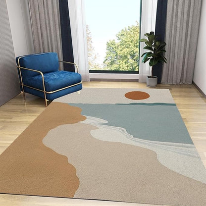Mid Century Sun and Mountain Area Rug, Retro European Bohemian Large Area Rug, Indoor Non-Slip Kids Rugs, Machine Washable Breathable Durable Carpet for Front Entrance Floor Decor,5 x 6ft