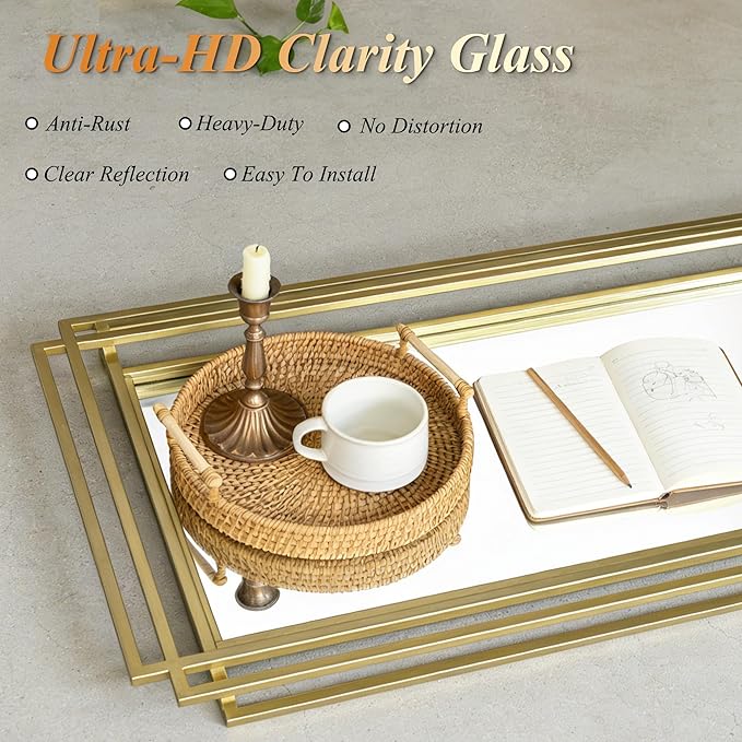 Geometric Wall Mirror, 63"x24" Modern Rectangle Full Length Mirror with Gold Metal Frame, Large Elegant Art Deco Mirror for Living Room Entryway Hallway, Hangs Vertically or Horizontally