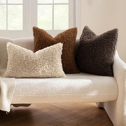 MIULEE Pack of 2 Lumbar Faux Fur Throw Pillow Covers 12x20 Inch Neutral Oatmeal Boucle Decorative Sherpa Pillow Covers Fuzzy Accent Soft Sheepskin Fleece for Boho Home Decor Sofa Living Room Bed Chair
