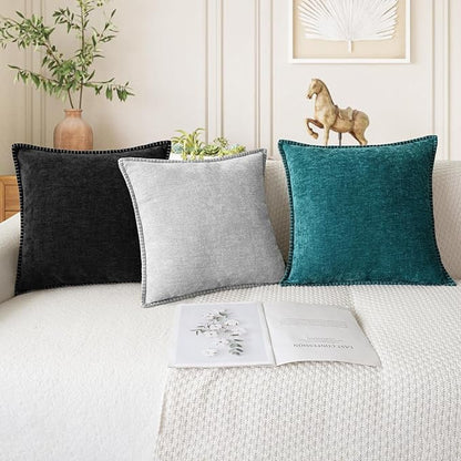 CaliTime Throw Pillow Covers Decorative 16 X 16 Inches Pack of 2 Cotton Thread Stitching Edges Solid Dyed Soft Chenille Cushion Cases for Couch Sofa Bed Living Room Farmhouse Teal