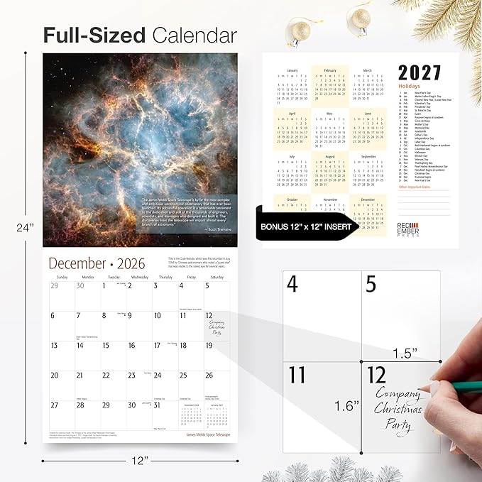 RED EMBER James Webb Space Telescope with Inspirational Quotes 2026 Wall Calendar 12 Month | 12" x 24" Open | Thick & Sturdy Paper | Holiday Gift | Science Space Calendar 2026