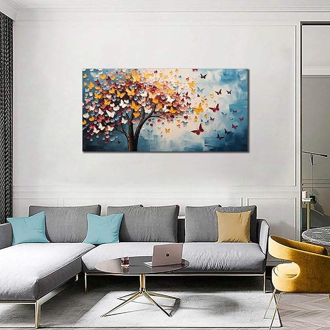 Butterfly Tree Canvas Wall Art for Living Room Bedroom Home Office Blue Colorful Tree of Life Wall Art Modern Large Framed Canvas Prints Size 24x48