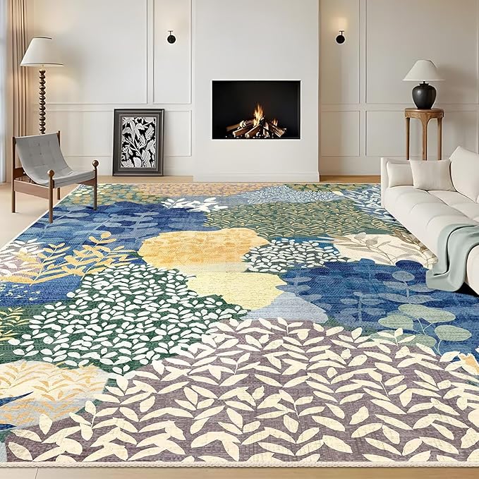 DEXDE Large Area Rugs 9x12 Living Room, Floral Washable Rug Boho Print Vintage Low Pile Non Slip Carpet for Bedroom Kids Room Nursery Office Dinning Room,Blue