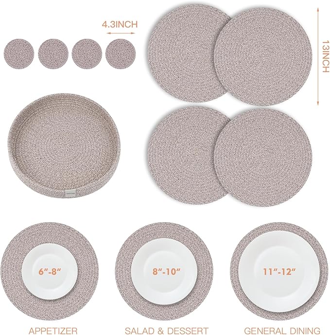 Round Placemats Set of 9 with Holder Included, Cotton Rope Woven Place Mats, Hot Pads for Kitchen,Non-Slip Heat Resistant Table Mats, 13 Inch Farmhouse Washable Braided Handmade Boho Placemat
