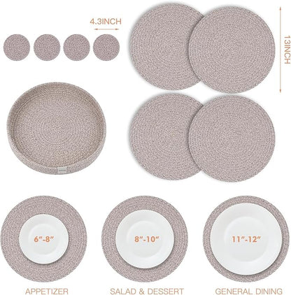 Round Placemats Set of 9 with Holder Included, Cotton Rope Woven Place Mats, Hot Pads for Kitchen,Non-Slip Heat Resistant Table Mats, 13 Inch Farmhouse Washable Braided Handmade Boho Placemat