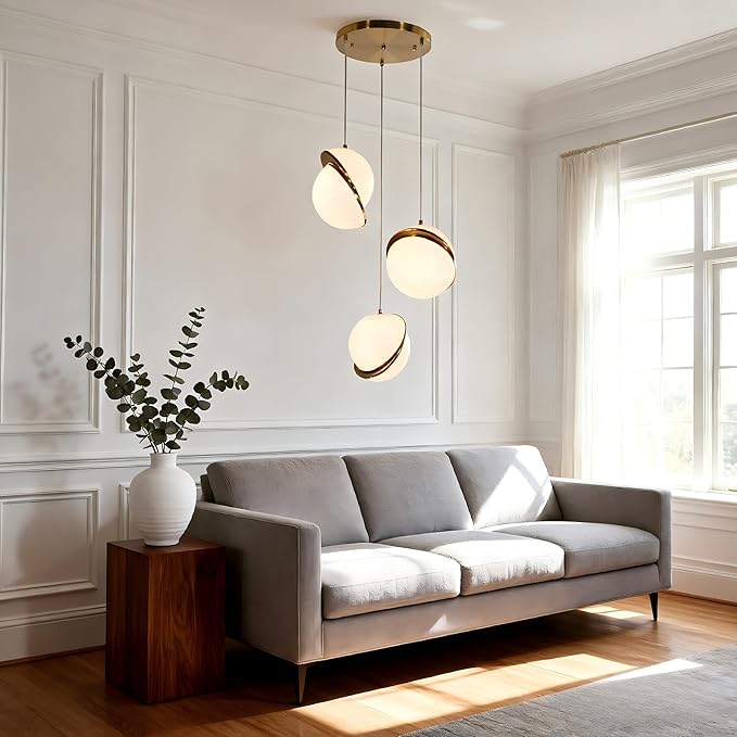 Modern 3-Light Magic Bean Spherical Pendant Light, Gold Chandelier Ceiling Light with Milky White Acrylic Lampshade, Adjustable Nordic Style Hanging Lamp for Corridor Living Room Dining Room