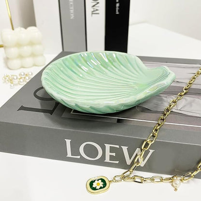 Ceramic Shell Ring Holder Dish, Small Shell Trinket Dish for Women, Ceramic Beachy Jewelry Plate Bowl for Earrings Necklace, 3.9", Ice Green Iridescent Surface