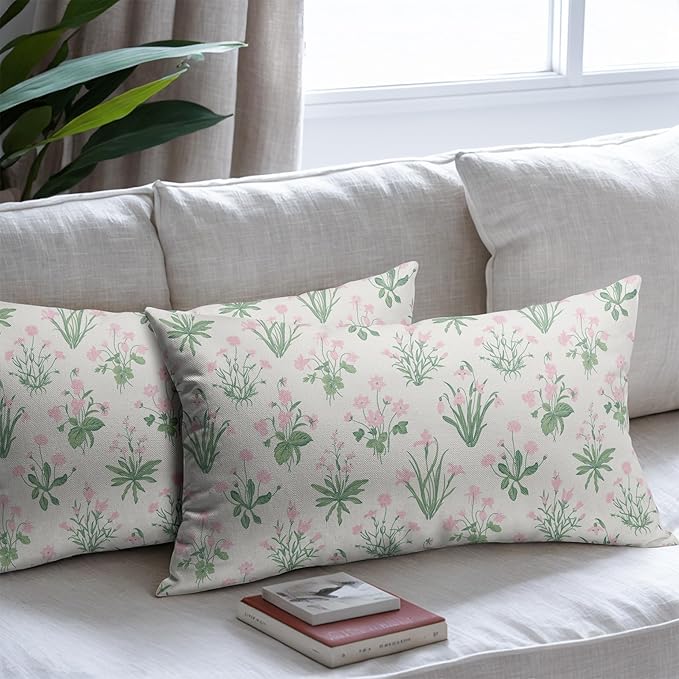 Pink Green Block Print Pillow Covers 12x20 Set of 2 Decorations Vintage Floral Throw Pillow Covers Decor Rustic Pillowcases Flower Pattern Farmhouse Soft Cozy for Sofa Bed Chair Home Decorative