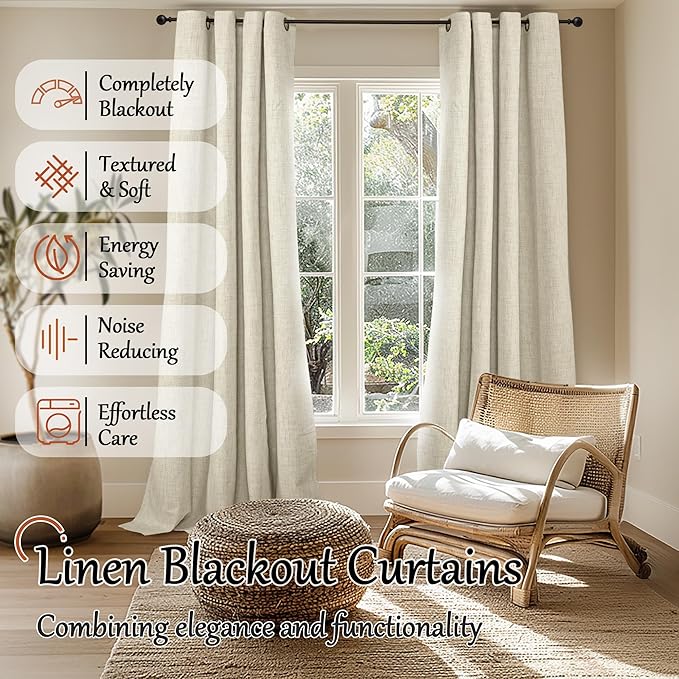Lajode 100% Blackout Curtains 96 Inches Long for Living Room 2 Panels Set, Textured Floor Length 95 Inch Thermal Insulated Faux Linen Bronze Grommet Boho Window Drapes, Each 52" Wide, Natural