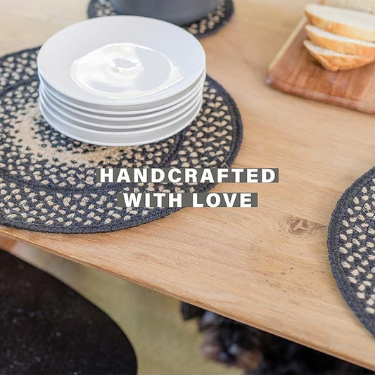 Homespice Manchester Round Braided Placemats, Country Primitive Decor, Set of 2, 15" Black and Tan Jute Table Mats - Vibrant Colors, Durable, Easy to Clean and Protects Furniture