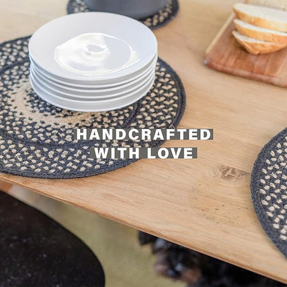 Homespice Manchester Jute Woven Round Placemats Set of 6, 15", Country Primitive Decor, Black and Tan Table Mats - Vibrant Colors, Durable, Easy to Clean and Protects Furniture
