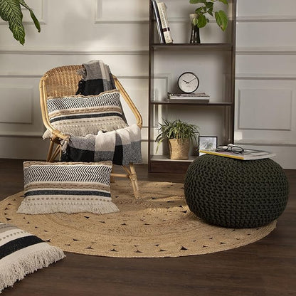 REDEARTH Round Hand Knitted Pouf - Foot Stool Bean Bag Ottoman - Cord Boho Pouffe - Poof Accent Beanbag Footrest for Living Room - Bedroom - Patio - Lounge (19.5"x19.5"x14") - Olive
