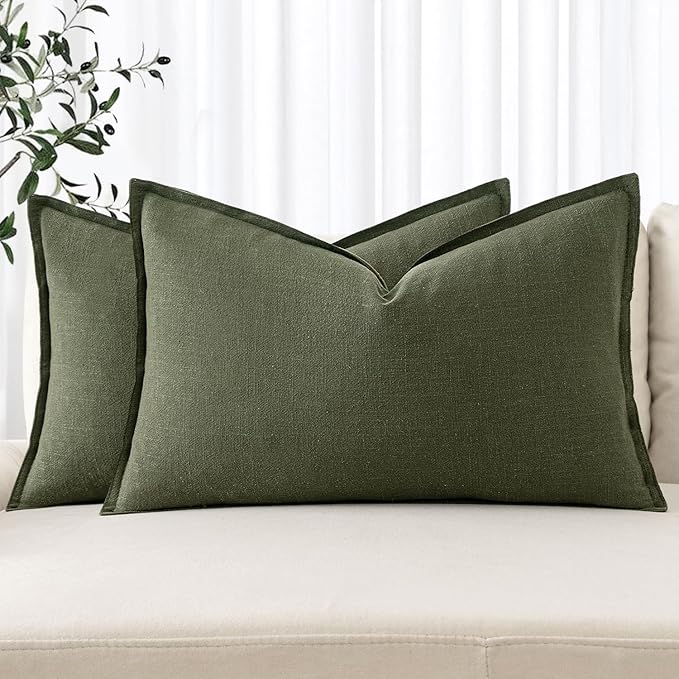 MIULEE Decorative Linen Lumbar Pillow Covers 12x20 Inch Dark Olive Green Boho Farmhouse Neutral Spring Couch Throw Pillows for Bed Pack of 2 Accent Modern Pillowcase Sofa Livingroom Home Decor