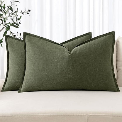 MIULEE Decorative Linen Lumbar Pillow Covers 12x20 Inch Dark Olive Green Boho Farmhouse Neutral Spring Couch Throw Pillows for Bed Pack of 2 Accent Modern Pillowcase Sofa Livingroom Home Decor