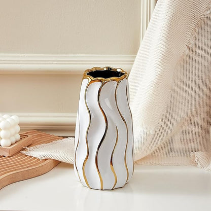 White Ceramic Vase for Home Decor,Decorative Flower Vase, Vertical Stripe Ceramic Vases for Home Décor, Bedroom, Office, Living Room, Bathroom, Tabletop Decor, Centerpiece (White)