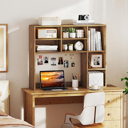 Desk Hutch, Desktop Organizer with 7 Cubes & 3 Adjustable Shelves, 3 Tier Wooden Display Rack, 37” Counter Top Bookshelf for Dorm, College, Home Office, Hutch Top Only