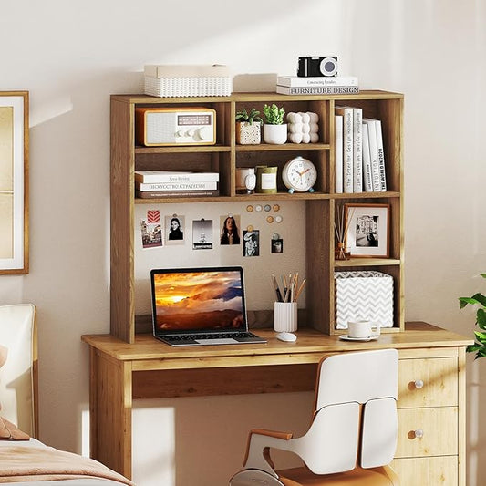 Desk Hutch, Desktop Organizer with 7 Cubes & 3 Adjustable Shelves, 3 Tier Wooden Display Rack, 37” Counter Top Bookshelf for Dorm, College, Home Office, Hutch Top Only